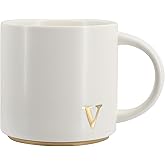 COLLECTIVE HOME - Monogram Ceramic Mugs, 15 oz Golden Initial Coffee Cups, Elegant Capital Alphabet Tea Mugs, Elegant Personalized Mug with Gift Box, Luxurious Cups for Office and Home (V)