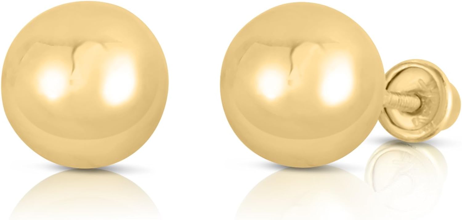 14k Yellow Gold Ball Stud Earrings with Secure Screw-backs