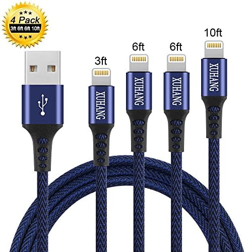 Lightning Cable, XUHANG iPhone Charger 4 Pack 3/6/6/10FT Nylon Braided 8 pin iPhone Charging Cables, Compatible with iPhone X/8/8 Plus/7/7 Plus/6/6 Plus/iPad and More (BLUE)