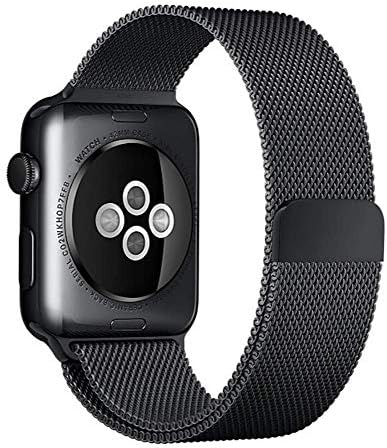 wkc Compatible for Apple Watch Band 42mm/44mm, Stainless Steel Mesh Wristband Loop Magnet Band Compatible with Iwatch Series 5/4/3/2 /1(Black, 42mm/44mm)