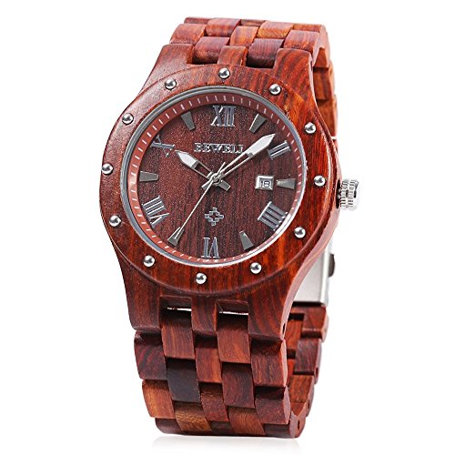Bewell W109A Men Wooden Quartz Watch Round Dial Analog Handmade Wood Wristwatch (Red)