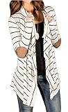 Relipop Women Black and White Striped Long Cardigan Loose Jacket (Large, White)