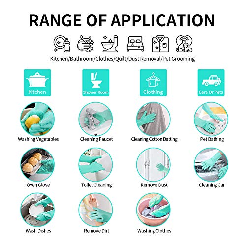 Magic Silicone Cleaning Gloves Dishwashing Scrubber - 1 Pair Reusable Dish Wash Scrubbing Sponge Gloves with Bristles, Great for Washing Dish, Kitchen, Car, Bathroom. 2PACK (Green)