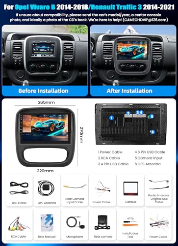 CAMECHO [4+64G] Android 15 Carplay Car Radio for Renault Trafic 3 2014-2021/Opel Vivaro B 2014-2018, Nav Carplay Android Auto, 9'' Touch Screen Bluetooth Radio Link Mirror WiFi FM/RDS EQ+Camera