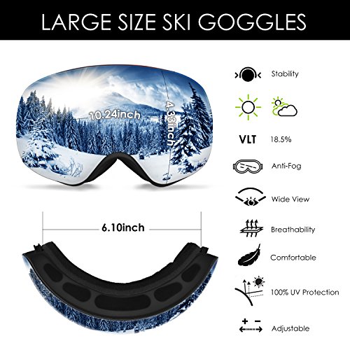 Ski Goggles, Frameless Snowboard Goggles Interchangeable Double Lens with Elastic Strap&Protective Case for Men Women - Anti Fog, 100% UV400 Protection, FDA & CE Approved (Silver(VLT18.5%)