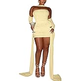 Women Sexy Strapless Tube Top Mesh Layered Mini Dress Bodycon Ruched Side Ribbons Bandage Dress Birthday Dresses