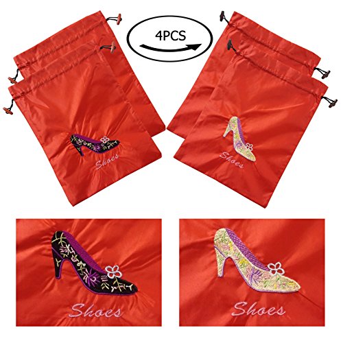 Gold Fortune 4 Packs 10.5" x 14" (L x W) Embroidered Silk Jacquard Travel Lingerie and Shoes Bags with Drawstring Closure (Red)