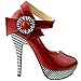 SHOW STORY Wine Red Flower Ankle Strap Stripe Stiletto High Heel Platform Pumps,LF30404RD40,9US,Red