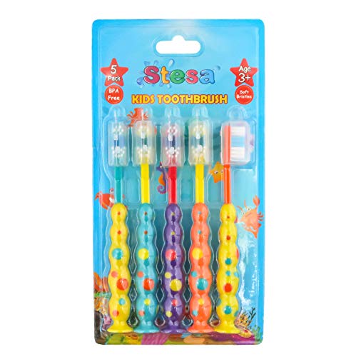 image for Stesa Kids Toothbrush - 5 Pack - Soft Bristles, BPA Free, Suction Cup 