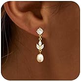 JOBICY Pearl Earrings for Women Trendy, 14k Gold Plated Freshwater CZ Leaf Pearl Dangle Drop Gold Earrings Lightweight Hypoallergenic Stud Earring Bridesmaid Wedding Gold Jewelry for Women Gifts