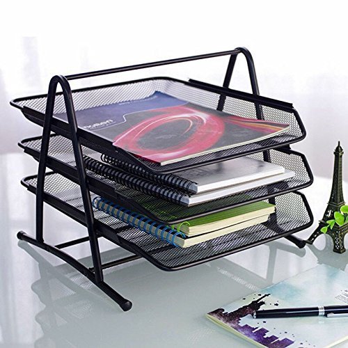 3-Tier Steel Mesh Office Desk Tray, (11 5/8"W x 13 3/4"D x 10 5/8"H) Filing Trays Holder (Black)