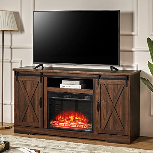 AMERLIFE Fireplace TV Stand Sliding Barn Door Wood Entertainment Center