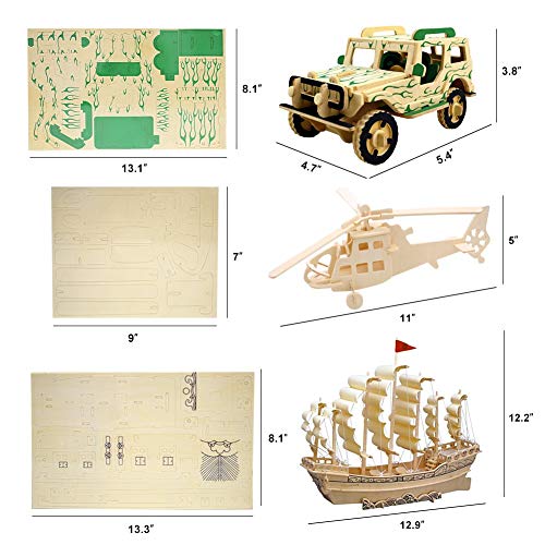 3D Wooden Puzzle Building Blocks Toys Manual DIY Stereo Model Diagram Creative Assembled Educational Toy for Kids and Adults -Sailboat&Jeep&Helicopter