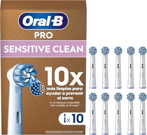 Oral-B Sensitive Clean Cabezales de Recambio Originales, Blanco, Pack de 10 - Recambios para Cepillo de Dientes Eléctrico Oral B Pro, Filamentos Ultrasuaves para Encías Sensibles