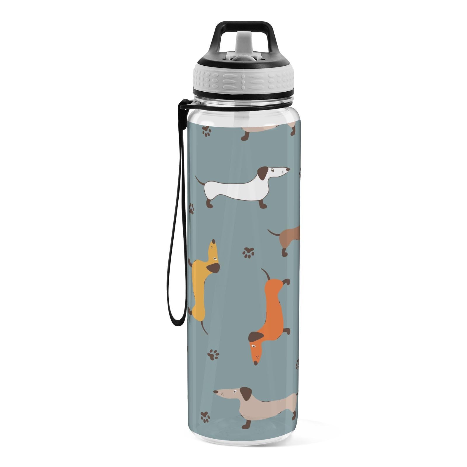 Mnsruu Sports Water Bottle Cute Dachshunds Dog Prints Tritan Drinking Bottle with Straw Large 1000ml BPA-Free Clear Leakproof for Kids Boys Girls Women Men Gym School