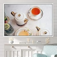 Framed Canvas Wall Art Cup of Tea Coffee Dark Drinks Farmhouse/Country Group Multicolor Photography Realism - 16x24 inches