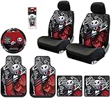 Plasticolor 10 Piece Nightmare Before Christmas Jack Skellington Ghostly Design Floor Mats, Seat Covers, Steering Wheel Cover Set with Bonus Air Freshener for Your Car Truck or SUV