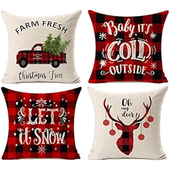 Kithomer Set of 4 Christmas Decorations Pillow Covers Christmas Buffalo Plaid Farmhouse Decor Throw Pillow Cases Retro Truck Cushion Cover 18 x 18 Inch Home Decoration