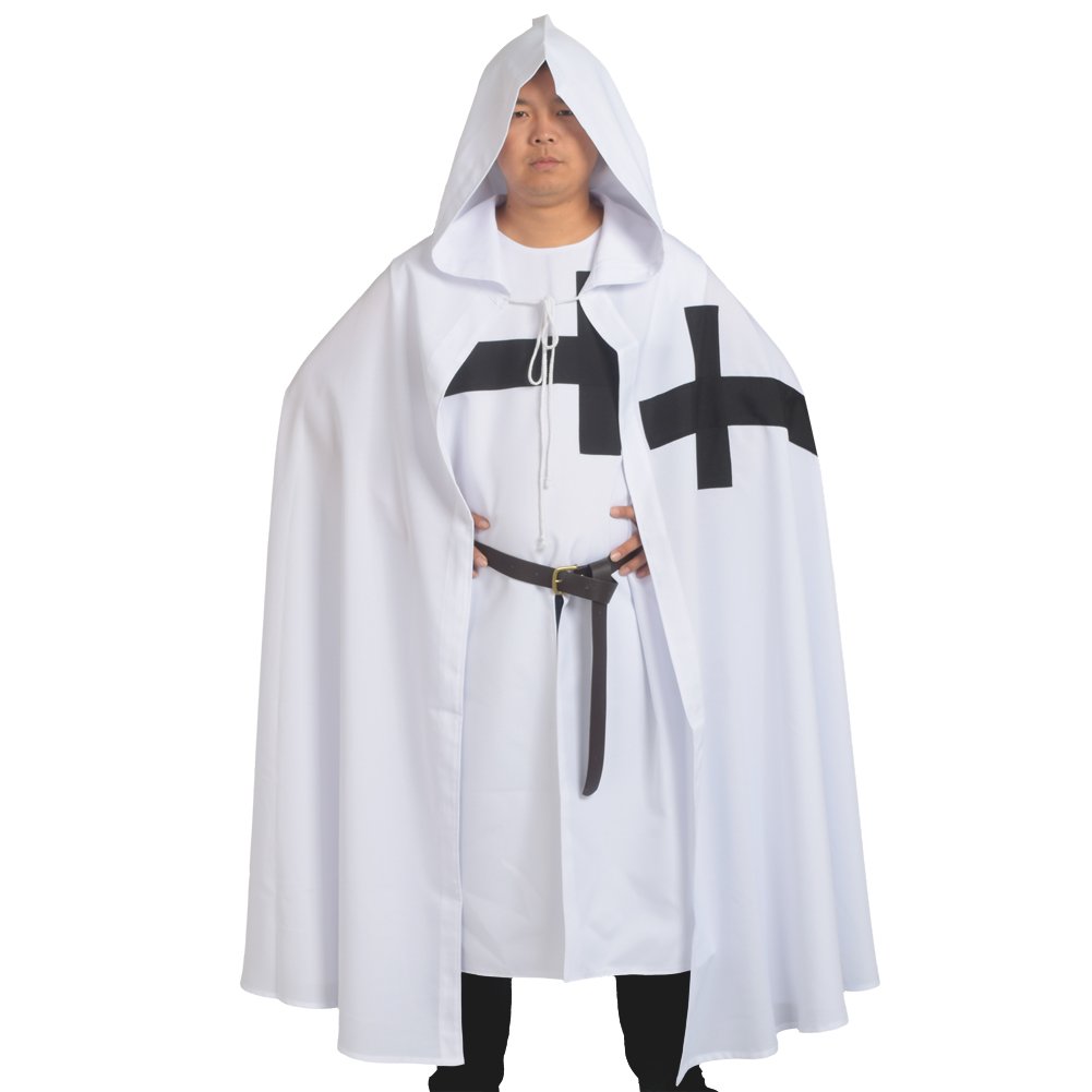 BLESSUME Medieval Templar Knights Costume Tunic with Cloak and Belt (White2) — image 1