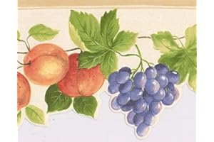 CONCORD WALLCOVERINGS ™ Decorative Prepasted Wallpaper Border Featuring Fruits Apples Plum Grapes White Purple Green and Brown. Size 5.5" X 15' KT77919DCO