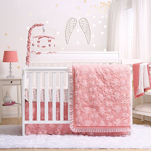 Audrey Coral Floral Embroidered Piece Crib Bedding Set by The Peanut Shell