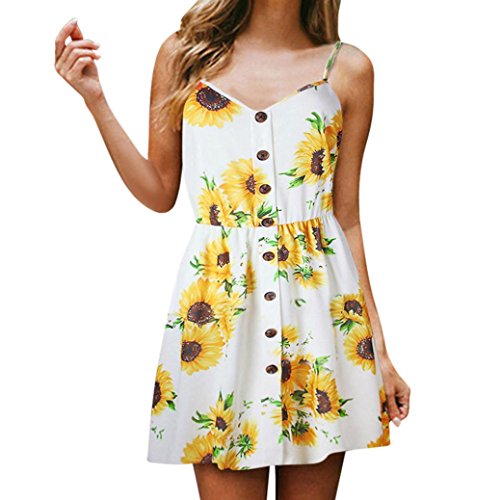 Dacawin {Women Princess Dress} Sexy Sling Sleeveless V-Neck Sunflower Print Button Dress (WhiteA, S)