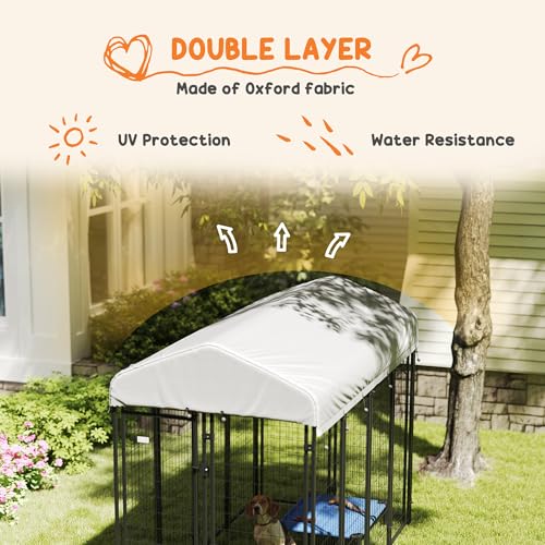 PawHut 8' x 4' x 6' Dog Run Outdoor, Large Outdoor Dog Kennel Welded Wire Steel Fence with UV-Resistant & Waterproof Cover, Secure Lock, Silver