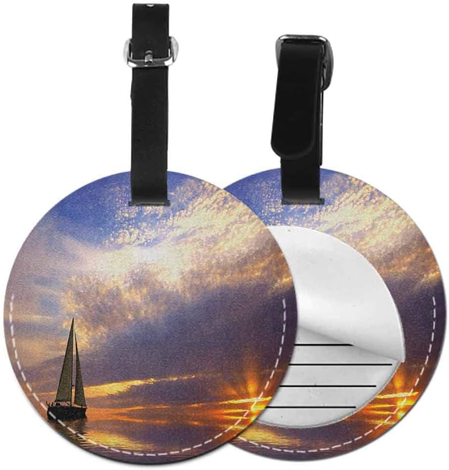 Round luggage tag Sailboat Protect personal privacy Sailing with Sunset Sunbeams on the Horizon Romance Honeymoon Destination，Diameter3.7" Marigold Bluegrey
