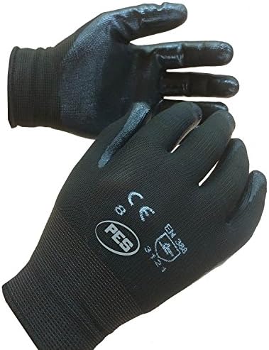 12 Pairs Of Nitrile Coated Nylon Work Gloves Size 8 EU