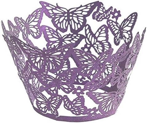 Cupcake Wrapper,50pcs Digital Art Filigree Artistic Bake Cake Paper Cups Little Vine Lace Laser Cut Liner Cake Wrapper Baking Cup (Butterfly Purple)