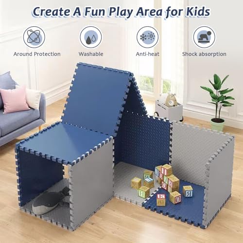 Cestbella Interlocking EVA Foam Mat, 60x60cm Protective Floor Tile 6 Packs Soft Puzzle Exercise Pad with Border Jigsaw EVA Foam Padding, 1cm Baby Play Crawling Mat for Home Gym Yoga Workout Grey Blue