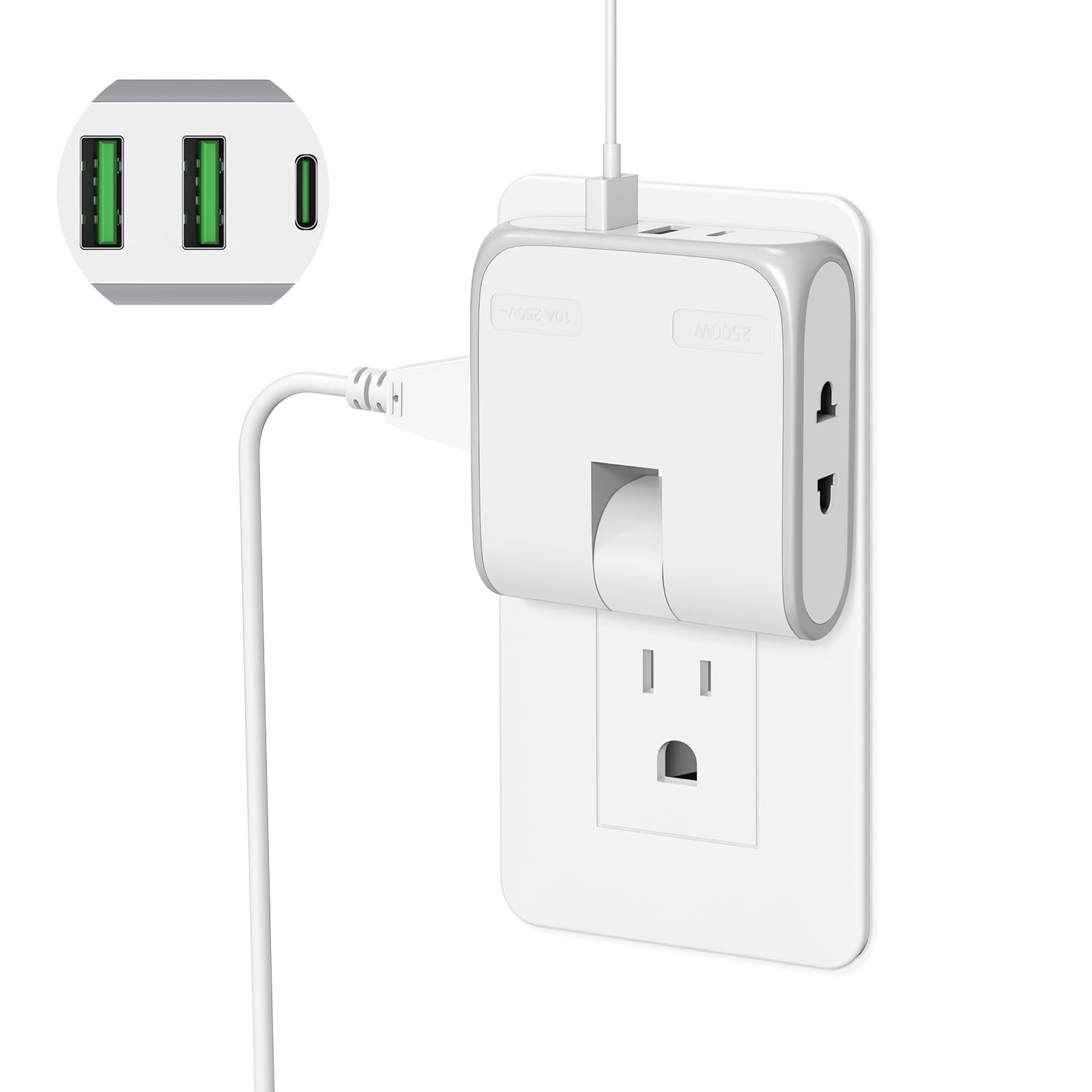 Photo 1 of Flat Wall Outlet Extender with USB Charging Ports, HICITY 180° Swivel Power Strip 2 USB Ports, 2 Prong Folding Plug for Tight Spaces, Type A Ultra Thin Design (White)