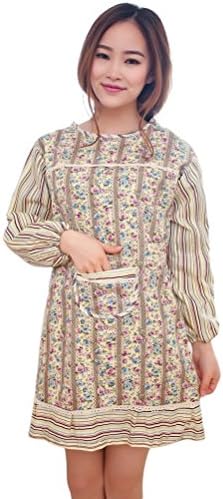 Sunlightam Women Long Sleeve Apron Cotton Kitchen Restaurant Antifouling Dining Bar Bib Cooking Aprons Pinafore Dress with Pocket (20#)
