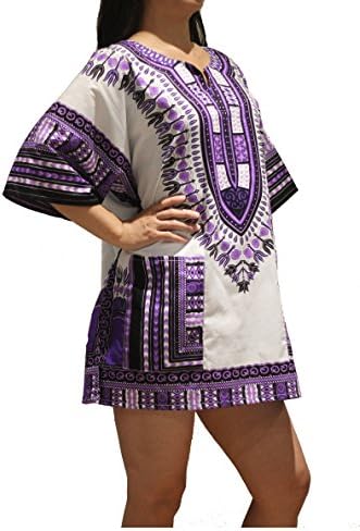 Traditional African Dashiki Shirt - Unisex (One Size, White and Purple)