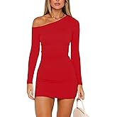 ForeFair Women's Off The Shoulder Long Sleeve Mini Dresses Double Lined Ruched Bodycon Club Party Going Out Outfits