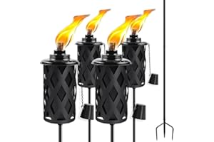 FALBAWR Citronella Torches for Outside Set of 4, 16 Oz Outdoor Torches with 3-Prong Grounded Stake, 59 Inch Metal Torch for Garden Décor, Outside Torches for Backyard, Garden, Patio (Black