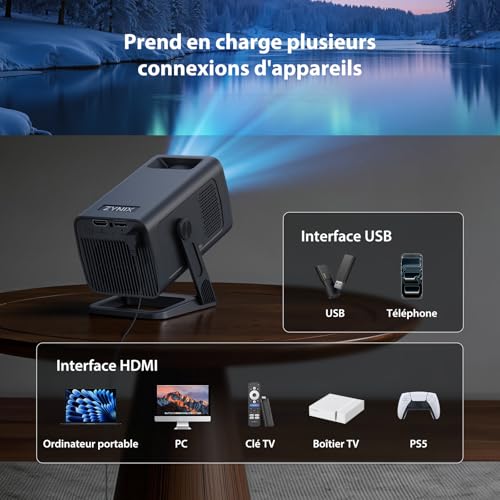 Video projector【Built-in App & Auto Keystone】 Android 14, Projector | NIX500 Mini Portable Video Projector Short Throw WiFi 6 Bluetooth 5.4 with 210° Rotation, Supports 4K 1080P Home Theater