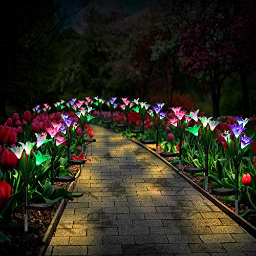 Outdoor Solar Garden Lights [3 Pack] - WdtPro Upgraded Waterproof Solar Powered Lights with 12 Lily Flower, 7 Colors Changing Solar Decorative Lights for Garden, Patio (Purple, White & Pink) - Thumbnail 6