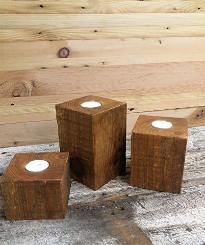 Handmade Reclaimed Wood Beam Rustic Candle Holders - Three Piece Set of Tea Light Votives with Candles Included