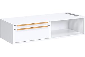 OmySalon Wall Mount Salon Station, Hair Stylist Cabinet with 3 Dryer Holders, 2 Drawers & Open Shelf for Barbershop, Beauty SPA, Bathroom, White Gold