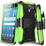 For Kyocera Hydro View C6742/Hydro Reach C6743 Case With TJS® Tempered Glass Screen Protector Included, Dual Layer Shockproof Armor Protection Belt Clip Holster Built-in Kickstand (Neon Green/Black)