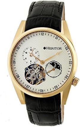 Heritor Alexander Semi-Skeleton Dial Leather-Band Watch, Gold/White, Standard,