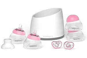 NANOBÉBÉ Nanobebe Breastmilk Baby Bottle Anti-Colic Starter Set with Silicone Pacifiers, Bottle Warmer, Breast Pump Adapter, and Slow Flow Nipples - 5 oz - Pink/Grey