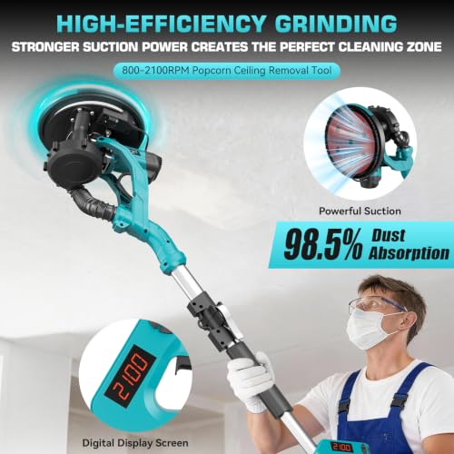 Drywall Sander with Vacuum Dust Collector, 1000W Popcorn Ceiling Removal Tool, Electric Drywall Sander with Digital Display Screen 9 Variable Speed 800-2100RPM, Foldable Extendable Handle