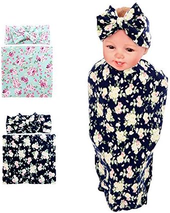 SHELLBOBO Newborn Printed FlowerSwaddle Blanket Headband Set Baby Receiving Blankets (Black)