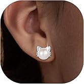 925 Sterling Silver Freshwater Pearl Cat Stud Earrings for Women, Cat CZ Studs Hypoallergenic Jewelry Gift