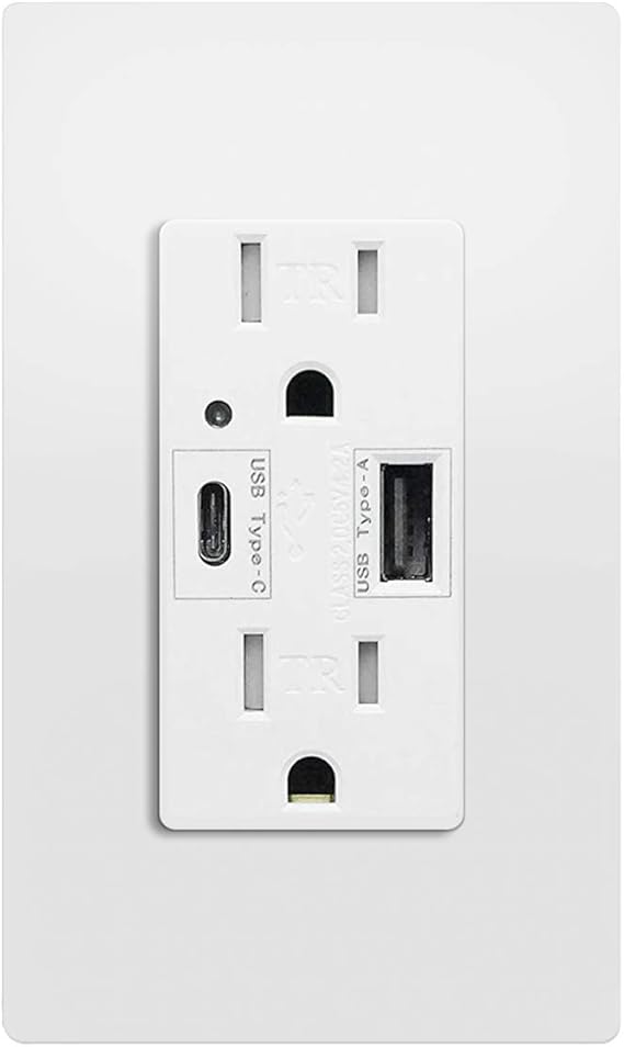 USB Charger Wall Outlet Type C Dual High Speed Duplex Receptacle 15 Amp