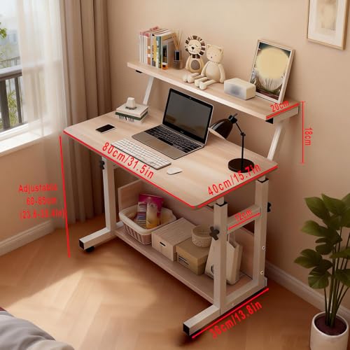 VUCATIN Small Study Desk for Bedroom, Rolling Computer Desk with Wheels Storage Shelf for Small Spaces, Adjustable Height Standing Table for Home Office (F-White)
