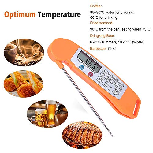 Instant Read Food Meat Thermometer, BaseWish Digital Electronic Cooking Thermometer with LCD Screen, Long Collapsible Safe 304 Stainless Steel Probe, for BBQ Grill Oven Candy Liquids Milk Tea, Orange