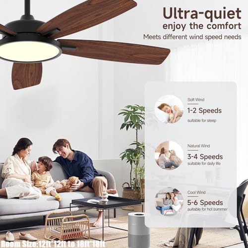 Roomratv Ventilador de techo inteligente de 52 pulgadas con luz regulable, silencioso, reversible, motor de CC, control remoto compatible con Alexa Google Home